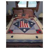 Queen size bed with mattress, box spring, and solid oak headboard