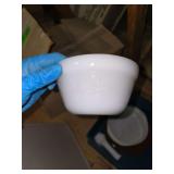 3- heavy glass scottie dog bookends, set of stainless silverware in case, buffet genius serving trays, Tupperware container with pyrex serving bowl and miscellaneous glass