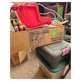 Fisher Price lift and lock swing, Rubbermaid tote, tote of toys