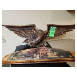 hand-carved wood eagle sculpture and country side plaque