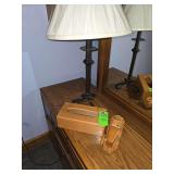 Metal table lamp, wooden tissue box cover and wooden car