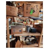 Contents of shelf. Tool box, wood train, light fixture