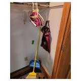 Broom, dustpan, water shoes size 11, hangers