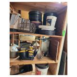 Contents of shelf. Ice skates size 5/6, tool belt, wood box