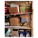 Contents of shelf. Outdoor speakers, lawn darts