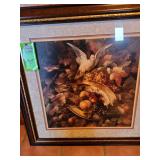 Framed art of a bird with fruit bowl about 24 in by 24 in
