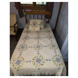 Twin size bed with mattress, box spring, and solid oak headboard