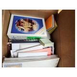 Box of birthday cards, greeting cards, notepads