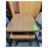 vintage two-tiered wooden side table featuring turned legs and a walnut veneer finish
