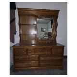 Solid Oak 7 drawer long dresser with "hutch style" mirror.