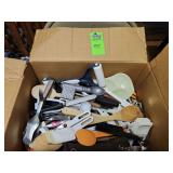 Box of kitchen utensils and gadgets, glass Gerber baby food jars