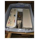 2 totes of miscellaneous items, retro projector screen, and Angel touch-lamp