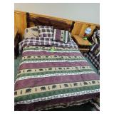 Full sized wooded bed frame with mattress, box spring, and comforter set