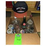Box of vintage glass, maple syrup bottles etc