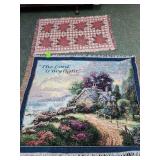 Thomas Kinkade "The Lord is My Light" tapestry throw blanket, featuring the scripture Psalm 27:1 and poinsettia rug