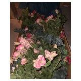 Large box of artificial flowers and tote of 4 throw pillows