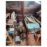 Contents of back wall. Rope, carpet, wood table vintage highchair