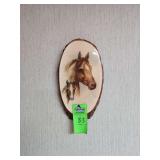 oval wood tree bark plaque featuring a painting of a mare and foal by artist Paul Whitney Hunter