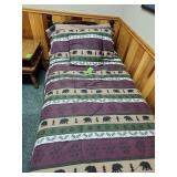 Wooden twin bed frame with mattress, box spring and comforter set