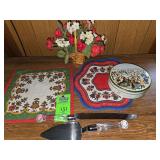 2- vintage Austrian doilies, decorative tin, serving utensils and mini basket of flowers