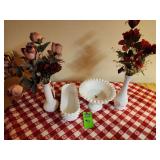 white milk glass pedestal bowl and vases