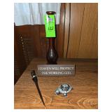 Wooden vase and letter opener, turtle paper weight and desk plaque