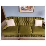 1970s vintage green velvet sofa with pillows 95"