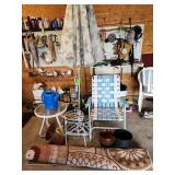 Folding yard chair umbrella and stand,  planters carpeting
