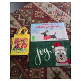 2 christmas rugs and 4 reusable grocery bags