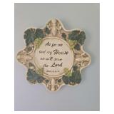 Small artificial Chinese money plant in checkered vase and Joshua 24:15 small wall art