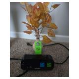 Small 12" artificial flowers deco in pottery vase and Sharp digital alarm clock with USB charging port and 2 120V 5Amp plugs