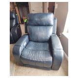 John V Shultz blue leather power recliner with contrast stitching and channel tufting