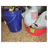 Work gloves, shop towels, 5 gallon bucket and contents