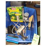 Miscellaneous tote. Garden nozzle, sprinkler, finch station, birdbath water warmer