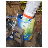 50 gallon drum and 5 gallon buckets, stepstool