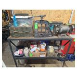 Metal work bench with mounted vice and bench grinder. NO CONTENTS