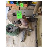 vintage truck lug wrench, specifically designed for heavy-duty vehicles with budd style wheels. Miscellaneous tubing and wire. Husky gravity fed spray paint handle. sledge hammer