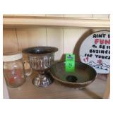 Decorative bowl, challis, coin jar, cross stich sign