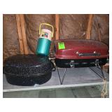 Table top propane grill, roaster pan, and Coleman thermos