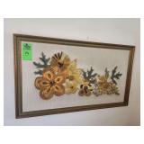 Mid-Century Modern (MCM) crewel embroidery piece featuring a framed floral design