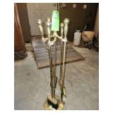 vintage brass-plated fireplace tool set includes a stand and four essential tools