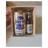 vintage Pabst Blue Ribbon beer mini bottle and can set from the Pabst Brewing Company.