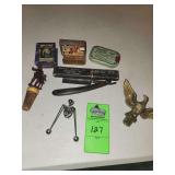 Miscellaneous items. Vintage Straight razor, Stuarts tablets, smallest kitchen, wine stoppers