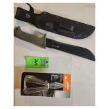 Ozark Trail 10-inch sawtooth machete with a black carbon steel blade and Ozark trail 12 in 1 multi tool