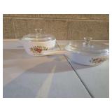 Vintage Corning ware 'spice of life' 6.5' skillet & 1.5 pint sauce pan with matching pyrex lids