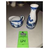 Japanese Sake Bottle, Delft Blue On White Porcelain Creamer Japan