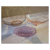 Set of 2 pink depression glass serving bowls and 1 relish dish