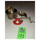Red Hat Society clock, candle holder leaf dish, Titanic paper weight, egg box