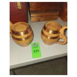 vintage wooden barrel-style beer steins or tankards