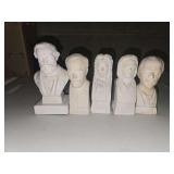 vintage chalkware busts of classical music composers from the 1950s or 1960s,The statues shown are Giuseppe Verdi, Arturo Toscanini, George Frideric Handel, and Franz Liszt.